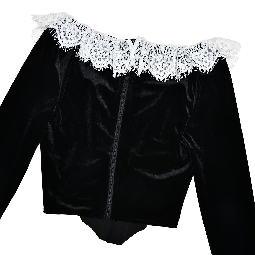 Long flared sleeve lace patchwork velvet zip-up top