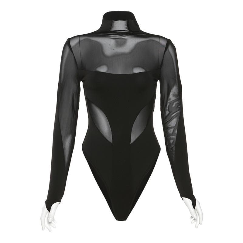 Solid long sleeve mesh gloves high neck patchwork bodysuit