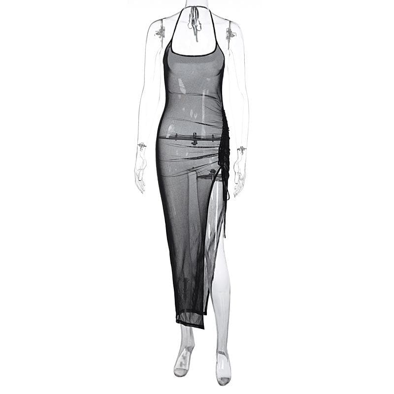 Halter drawstring sheer mesh see through slit backless maxi dress  | samba dress