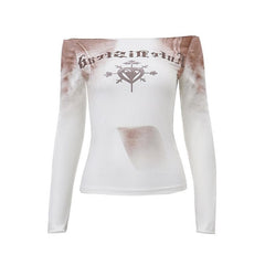 Long sleeve off shoulder tie dye abstract contrast top