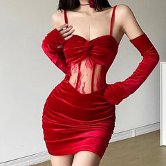 Velvet gloves ruched mesh backless cami mini dress  | red tango dress