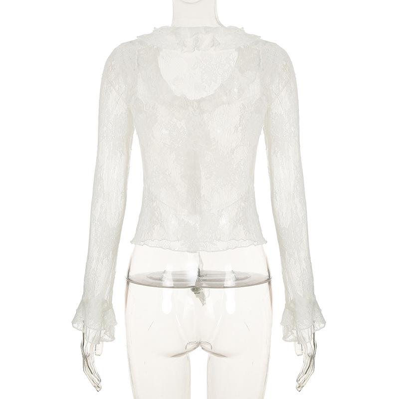 Long sleeve ruffle lace see through top
