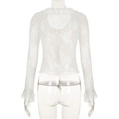 Long sleeve ruffle lace see through top