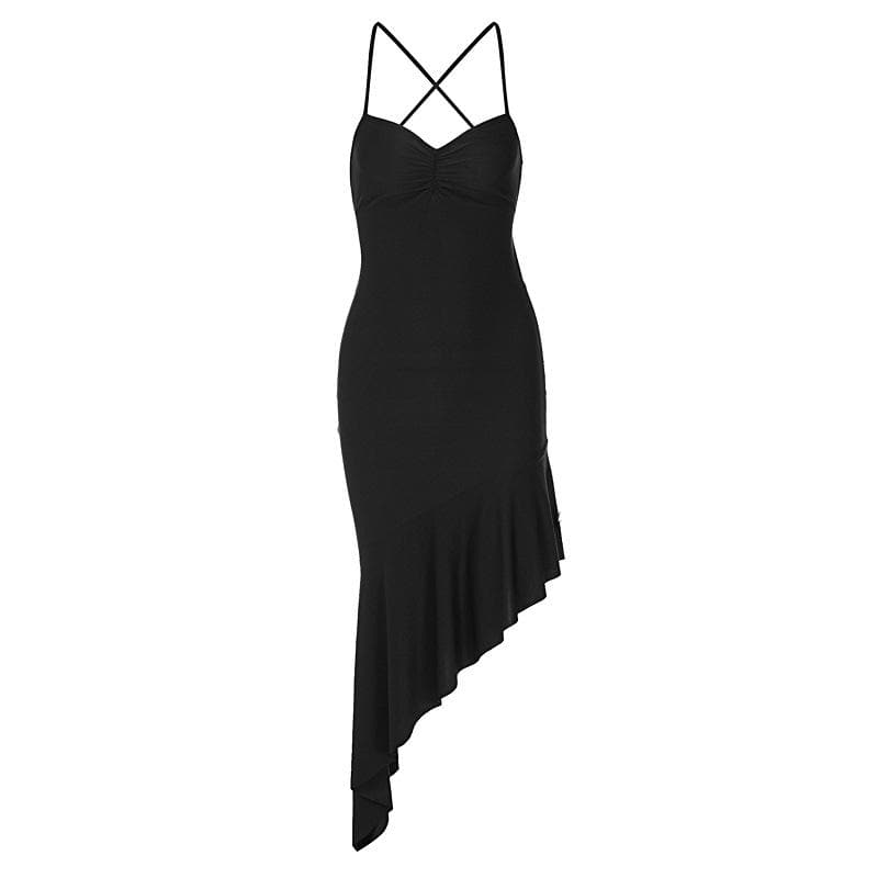 Ruched irregular cross back ruffle cami midi dress  | black rave dress
