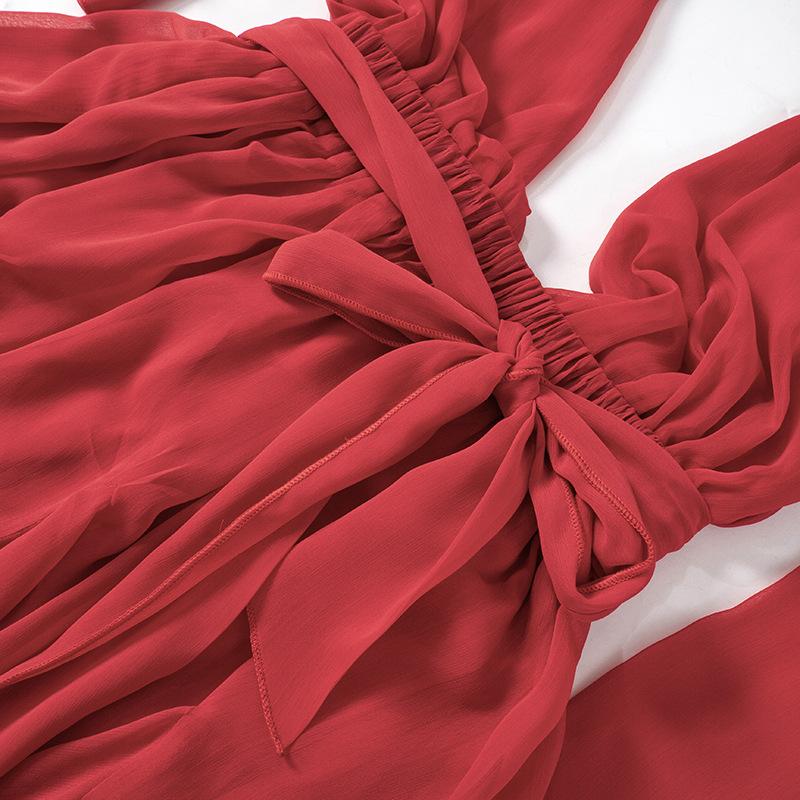 Deep v neck chiffon backless knotted ruffle mini dress  | red tango dress