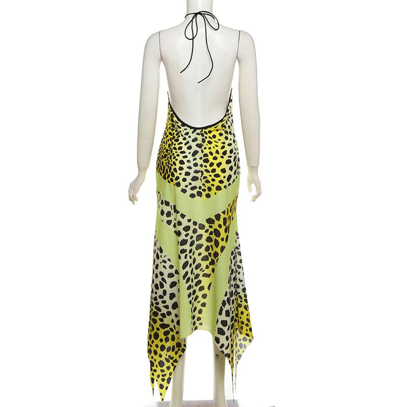 Halter print deep u neck patchwork 2-way midi dress