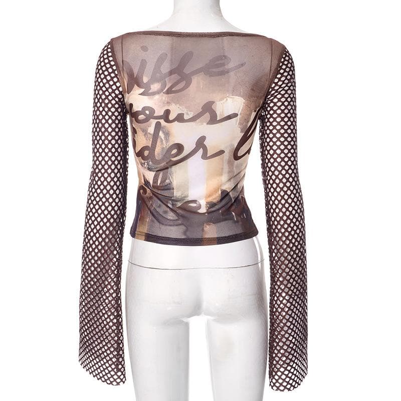 Fishnet long sleeve hollow out mesh contrast cut out top