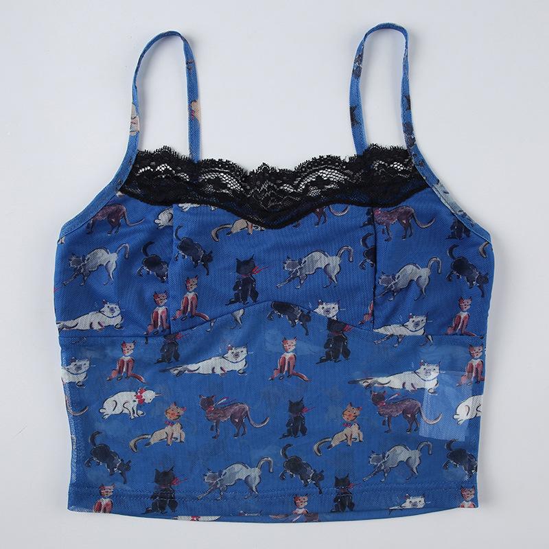 Lace hem print backless cami top