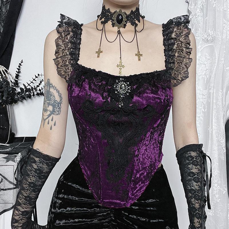 Velvet lace hem corset cami top