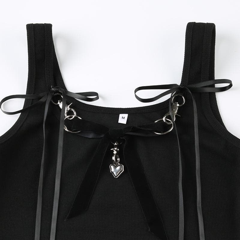 Bowknot ribbon heart applique ribbed crop top
