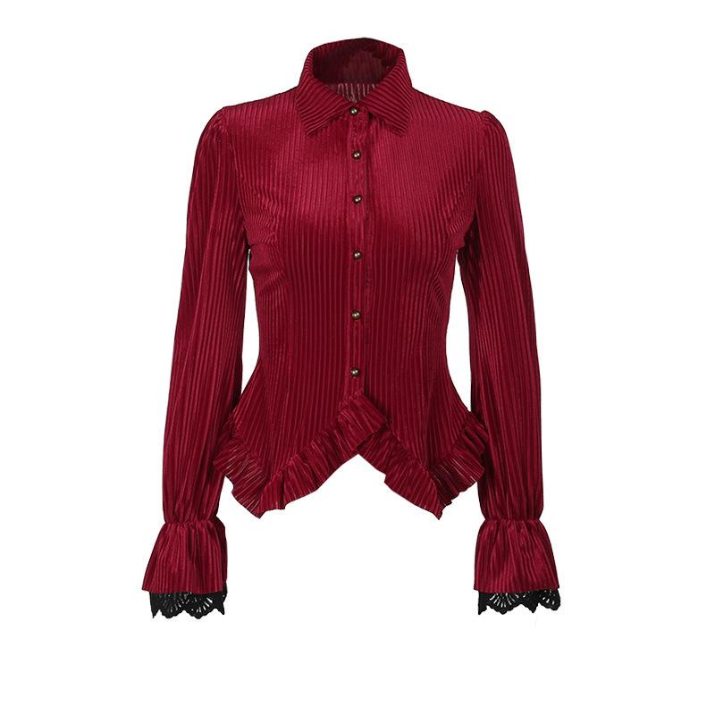 Turnover collar long sleeve corduroy lace hem top