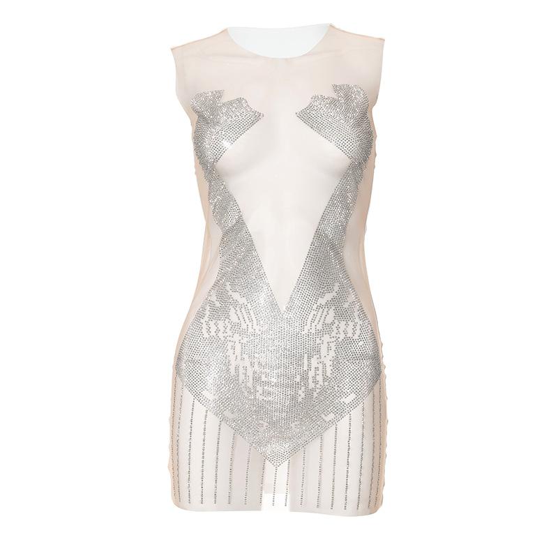Sleeveless crewneck beaded mesh patchwork see through mini dress