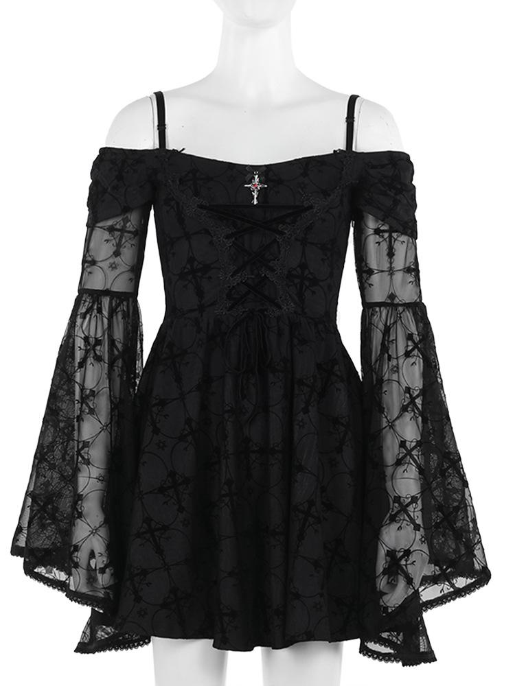 Long flared sleeve off shoulder cross applique mini dress  | black rave dress