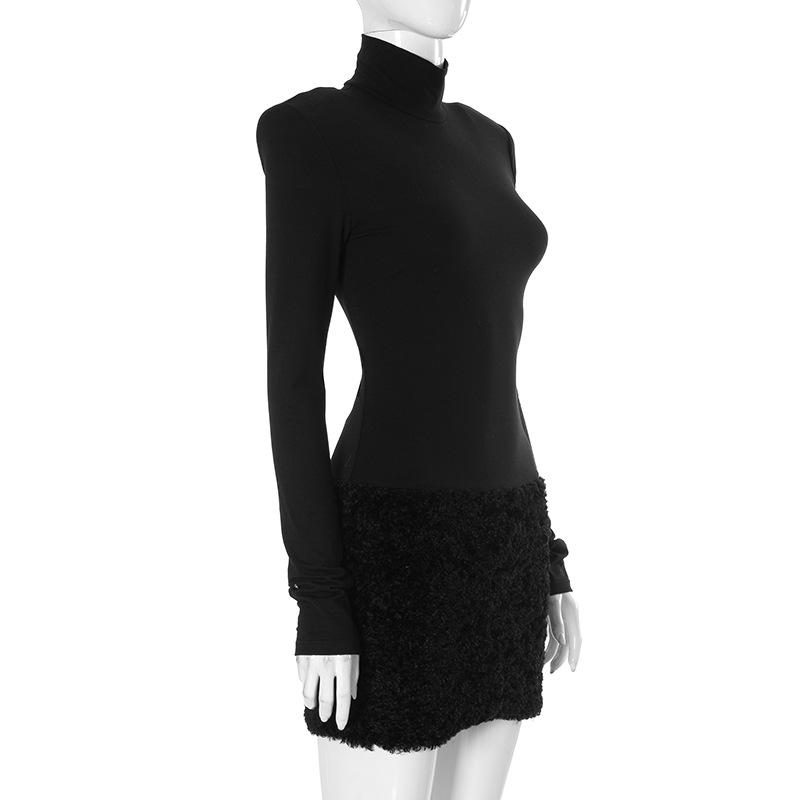 High neck long sleeve padded fluffy mini dress