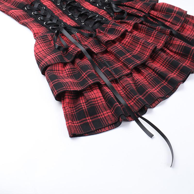 Plaid lace up self tie tube mini dress