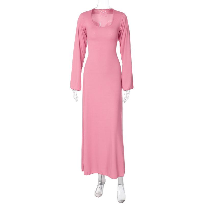 Long sleeve u neck ribbed solid maxi dress  | red tango dress