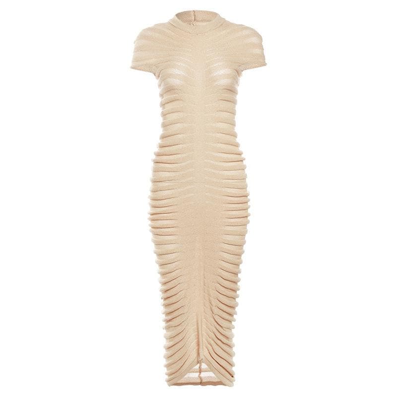 Knitted solid short sleeve crewneck see through maxi dress  | red tango dress