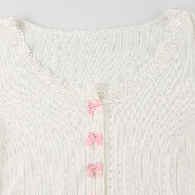 Bowknot textured long sleeve lace hem contrast crop top