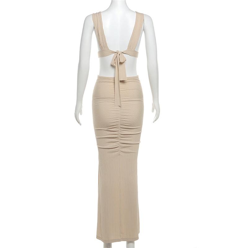 O ring textured hollow out self tie ruched tank maxi dress  | red tango dress