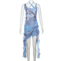 Halter print ruffle irregular u neck cami mini dress