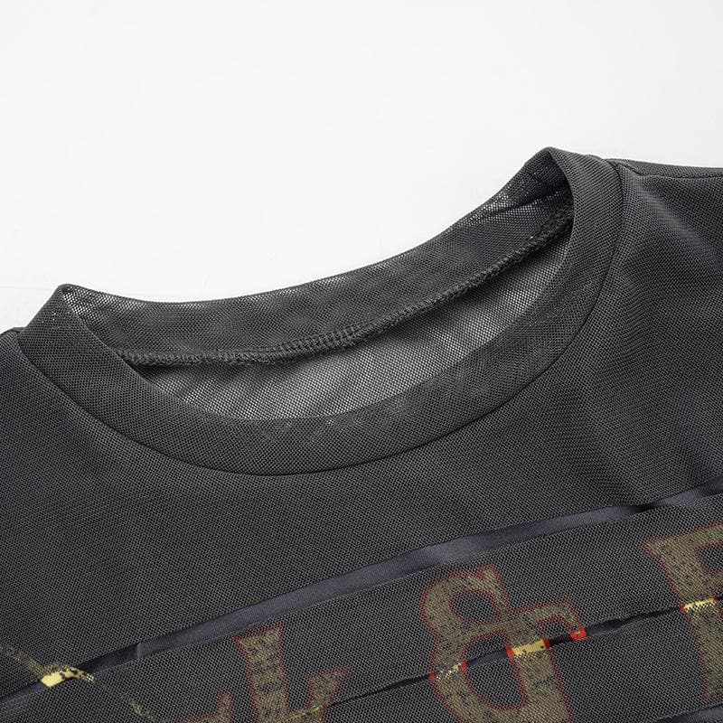 Long sleeve crewneck eagle print mesh top