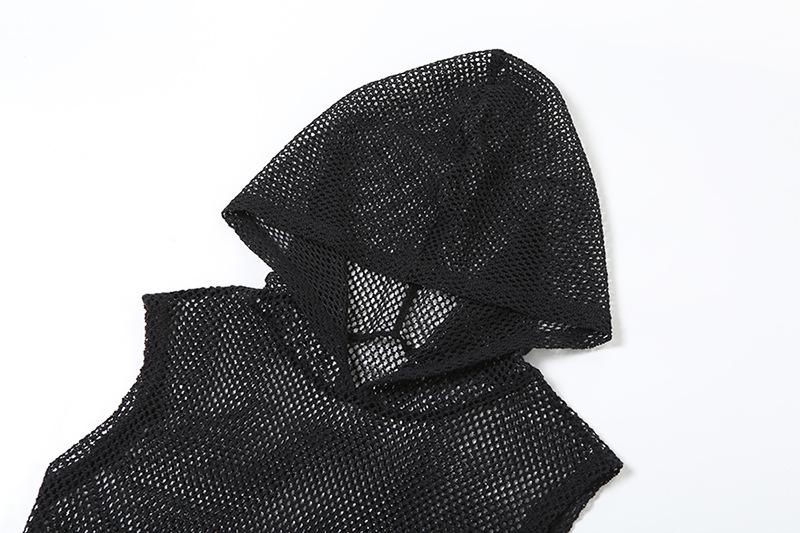 Hoodie sleeveless fishnet slit top