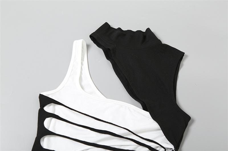 High neck gloves irregular hollow out contrast mini dress