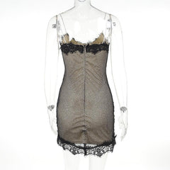 Lace glitter patchwork zip-up v neck cami mini dress
