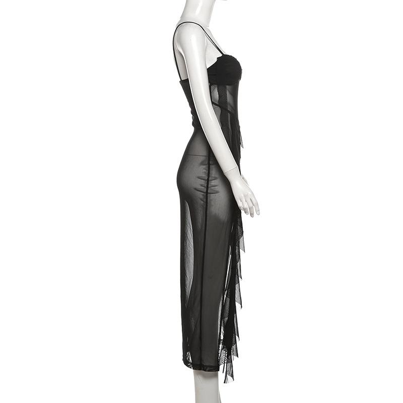 Sweetheart neck ruffle high slit sheer mesh cami midi dress  | samba dress