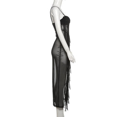 Sweetheart neck ruffle high slit sheer mesh cami midi dress  | samba dress
