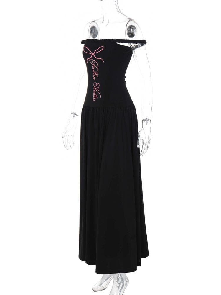 Letter print off shoulder ruched maxi dress