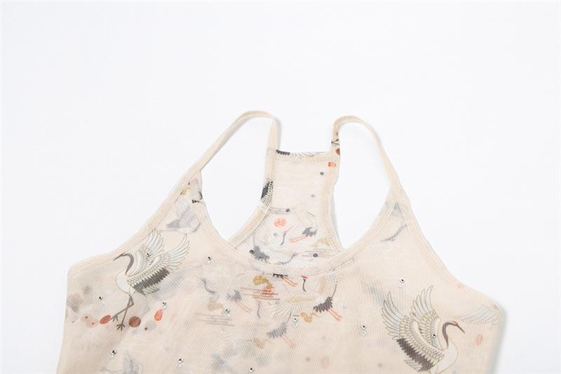 U neck sheer mesh print beaded tank top