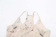 U neck sheer mesh print beaded tank top