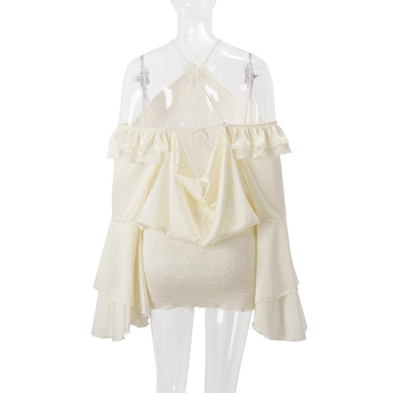 Flared sleeve halter backless ruffle drawstring mini dress