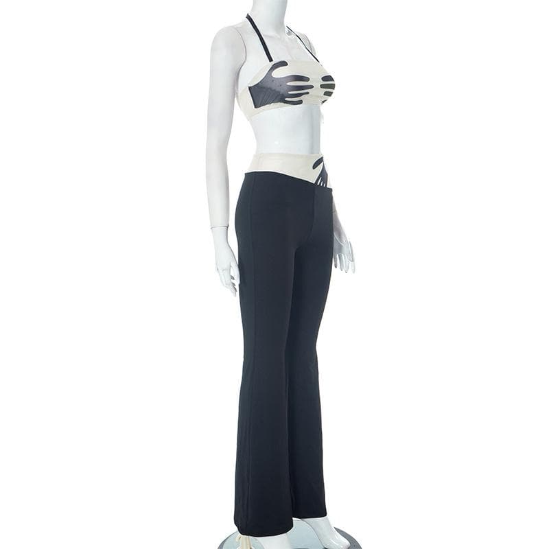 Halter backless mesh patchwork contrast palm pattern pant set
