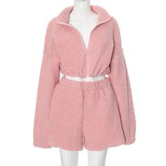 Long sleeve fluffy zip-up pant set