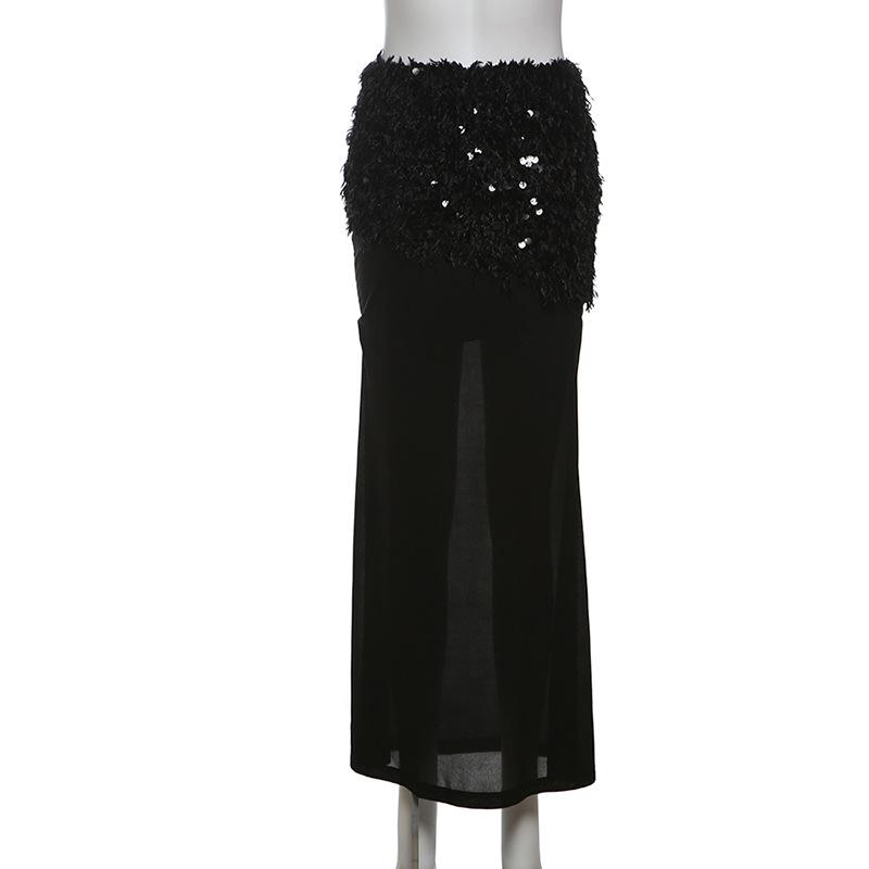 Glitter mesh patchwork fluffy maxi skirt