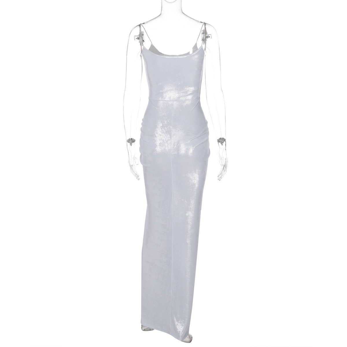U neck metallic ruched backless cami maxi dress