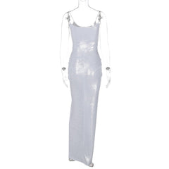U neck metallic ruched backless cami maxi dress