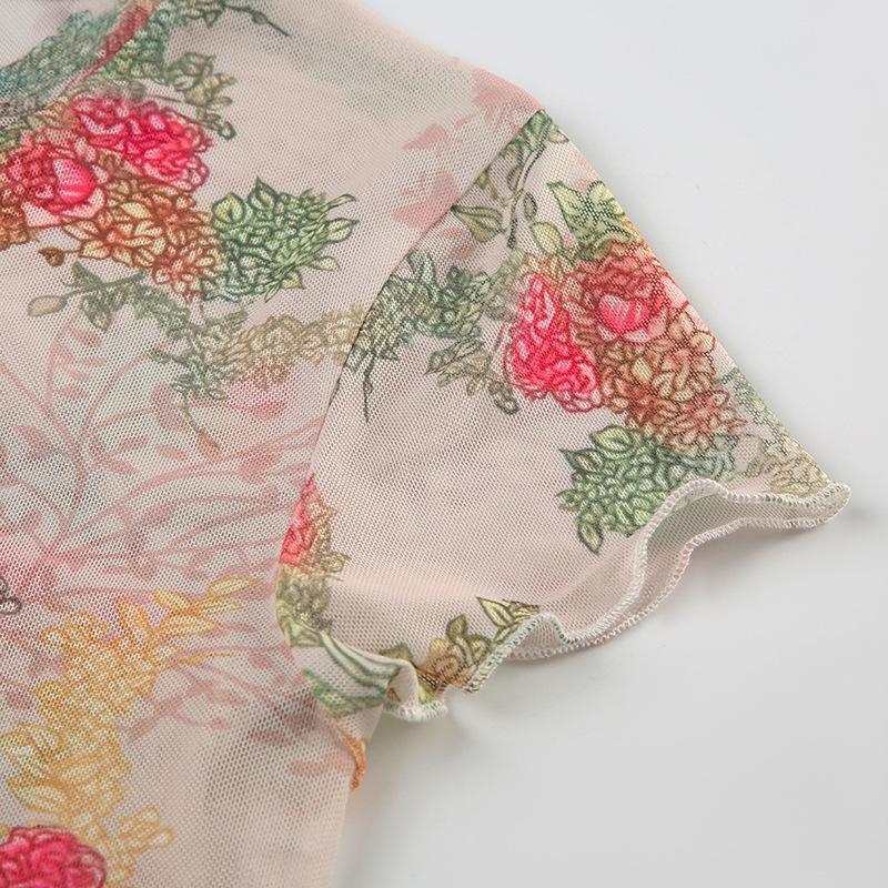 Short sleeve flower print ruffle sheer mesh top