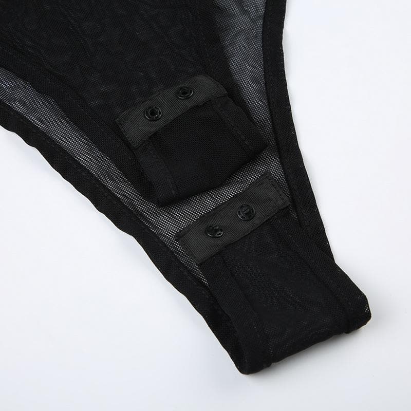 Button turnover collar mesh long flared sleeve PU leather bodysuit