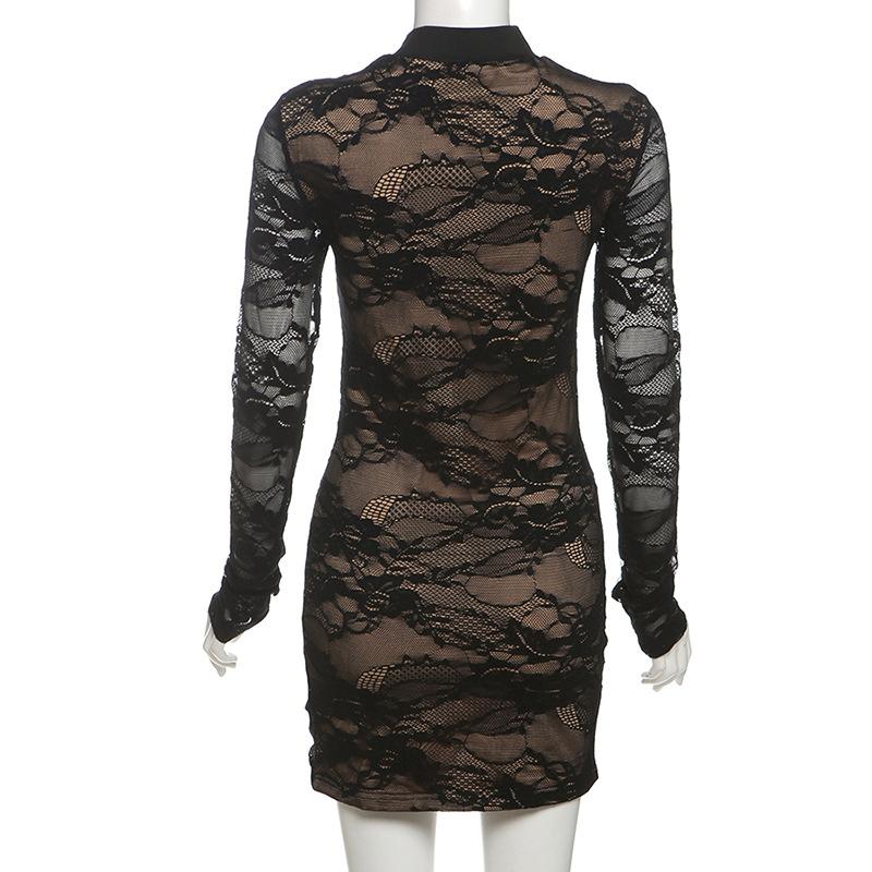 High neck long sleeve lace hollow out mini dress