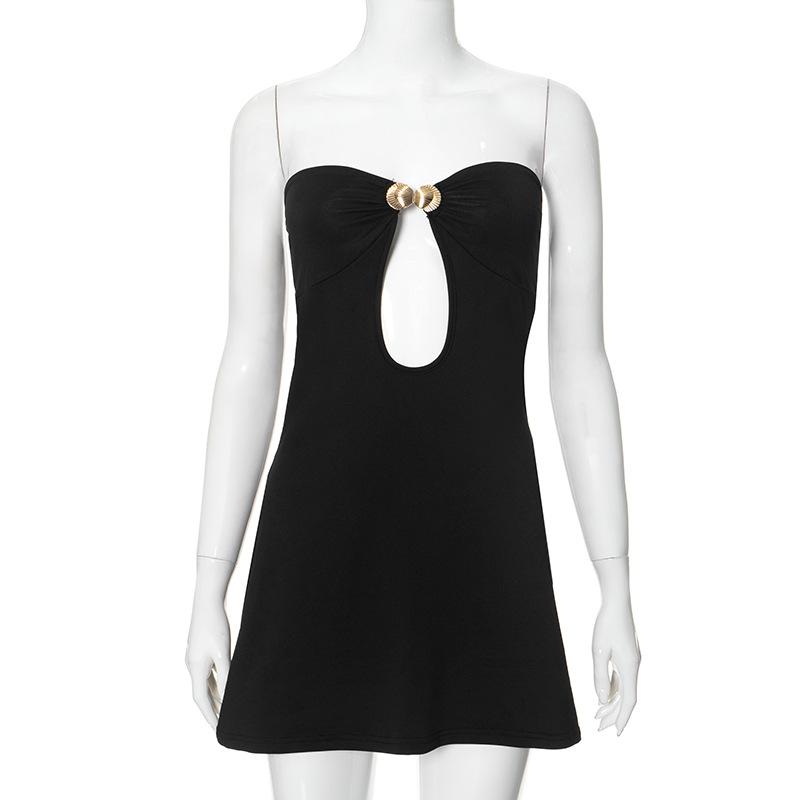 Metal applique hollow out solid tube mini dress