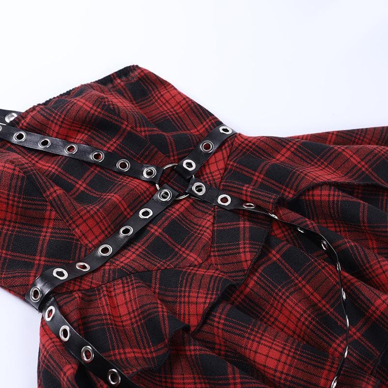 Ruffle plaid zip-up irregular one shoulder backless mini dress  | red tango dress