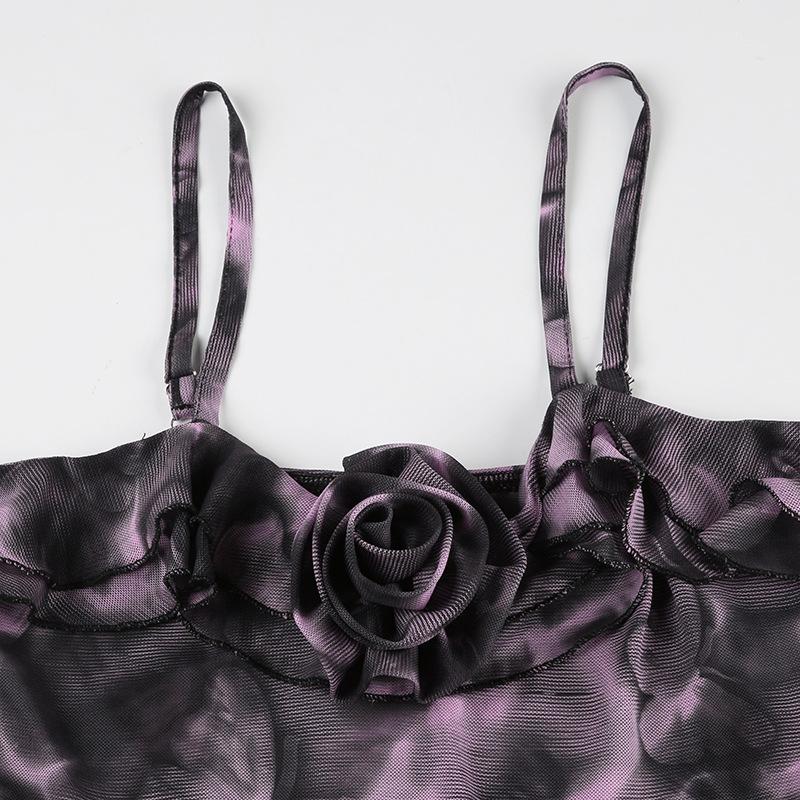 Ruffle sheer mesh print flower applique cami top