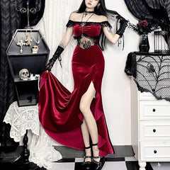 Off shoulder lace hem slit velvet metal applique ruched maxi dress  | red tango dress