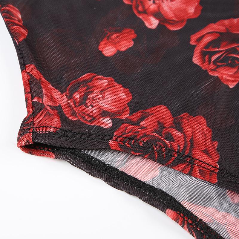 V neck rose print bowknot mesh cami top