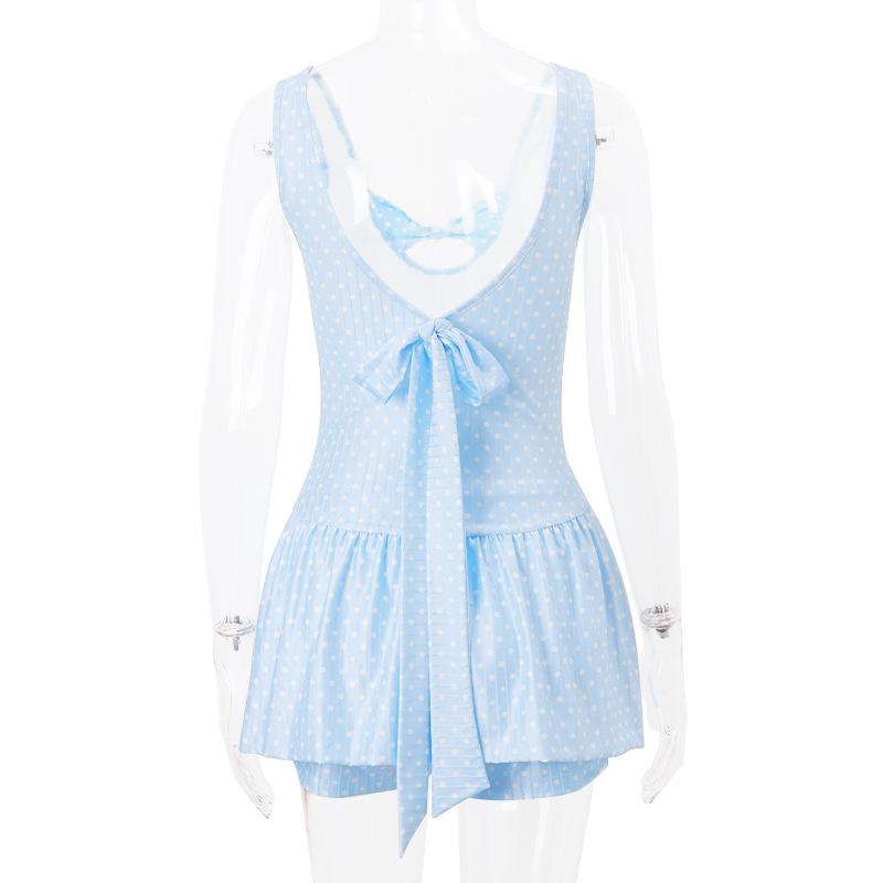 Sleeveless polka dot bowknot hollow out pant set