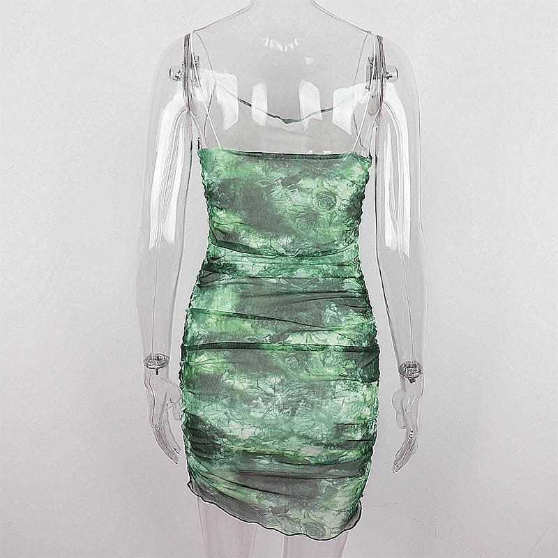 Sheer mesh tie dye print spaghetti strap cowl neck cami dress  | samba dress