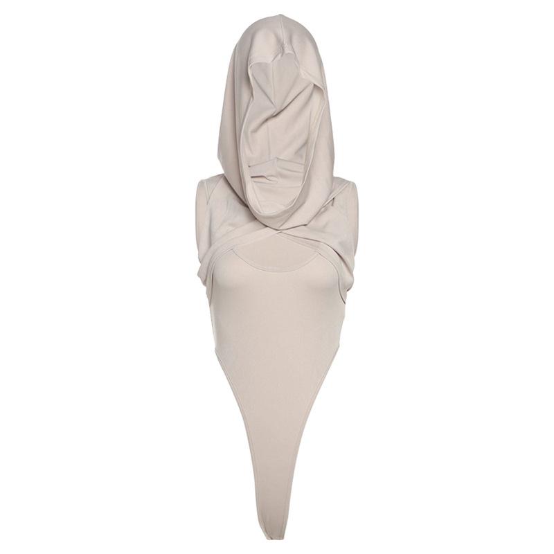 Hoodie sleeveless cross front hollow out bodysuit